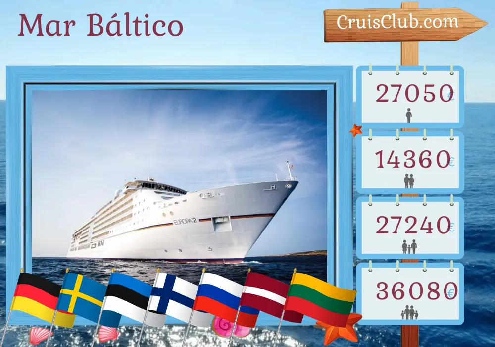 Crucero en el mar Báltico desde Kiel a bordo del barco MS EUROPA 2 con visitas a Alemania, Suecia, Estonia, Finlandia, Rusia, Letonia y Lituania durante 13 días