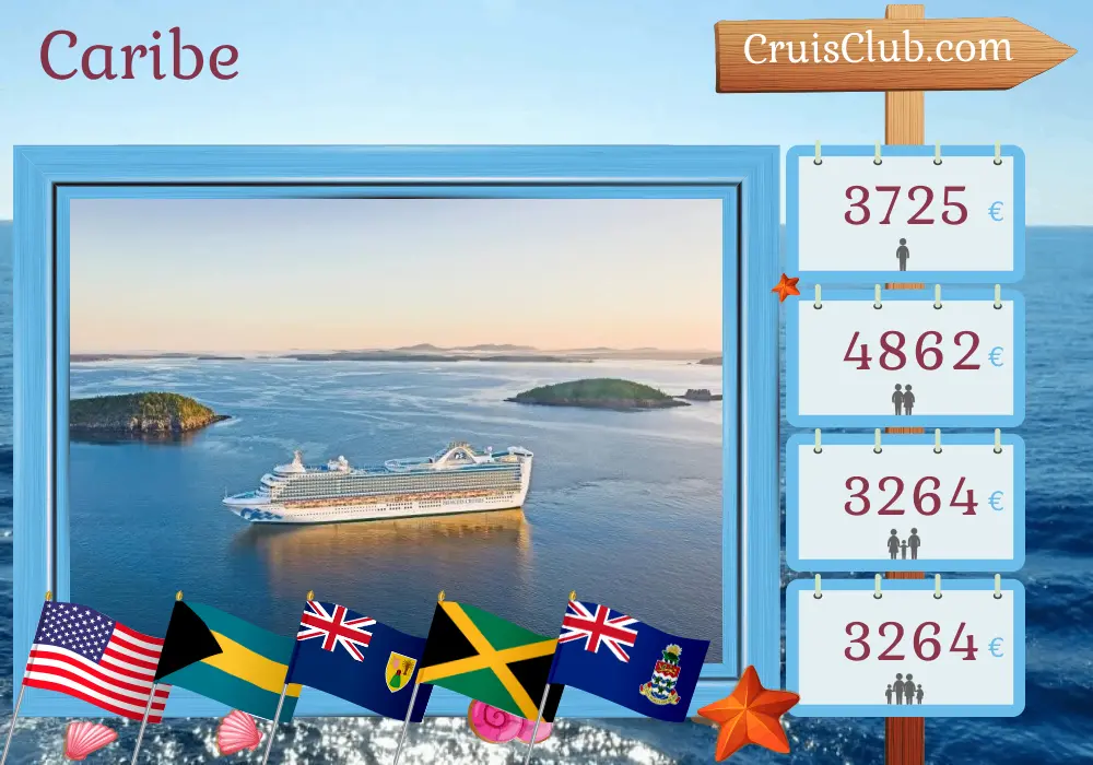 Cruzeiro no Caribe saindo de Fort Lauderdale a bordo do navio Caribbean Princess com visitas aos Estados Unidos, Bahamas, Porto Rico, Jamaica e Ilhas Cayman por 15 dias