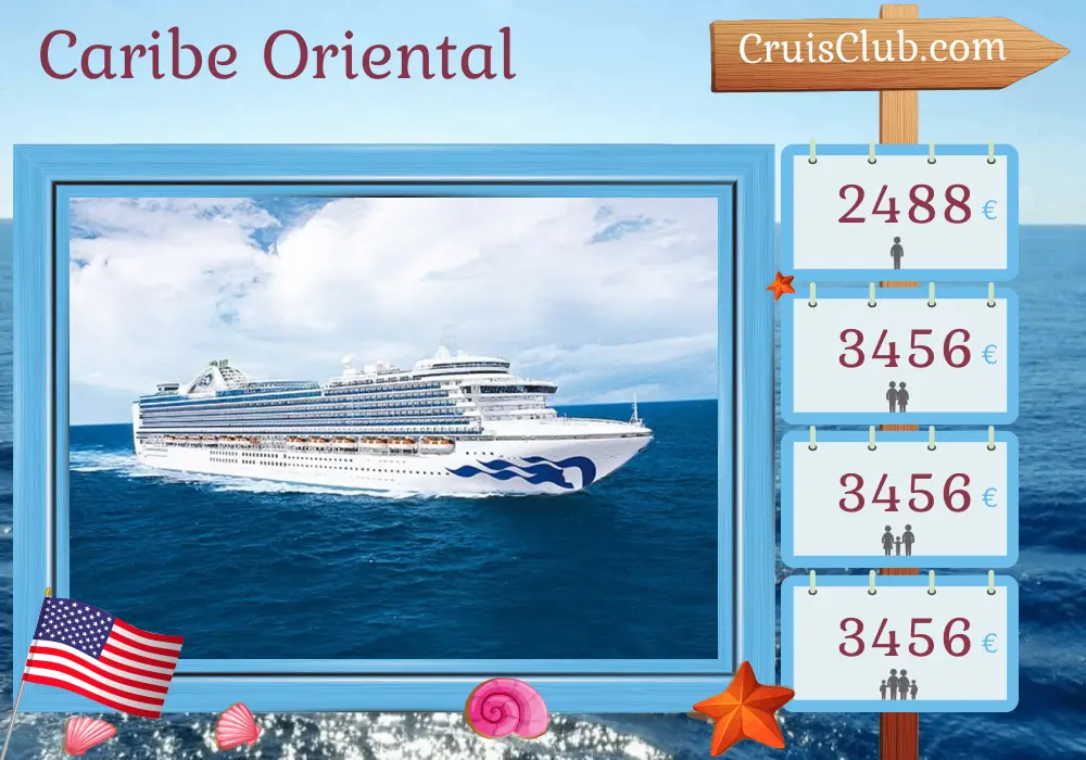 Cruzeiro no Caribe Oriental saindo de Fort Lauderdale a bordo do navio Emerald Princess com visitas aos EUA, São Cristóvão e Nevis, Guadalupe, Santa Lúcia, São Vicente e Granadinas, Trinidad e Tobago, Granada, Curaçao e Aruba por 15 dias