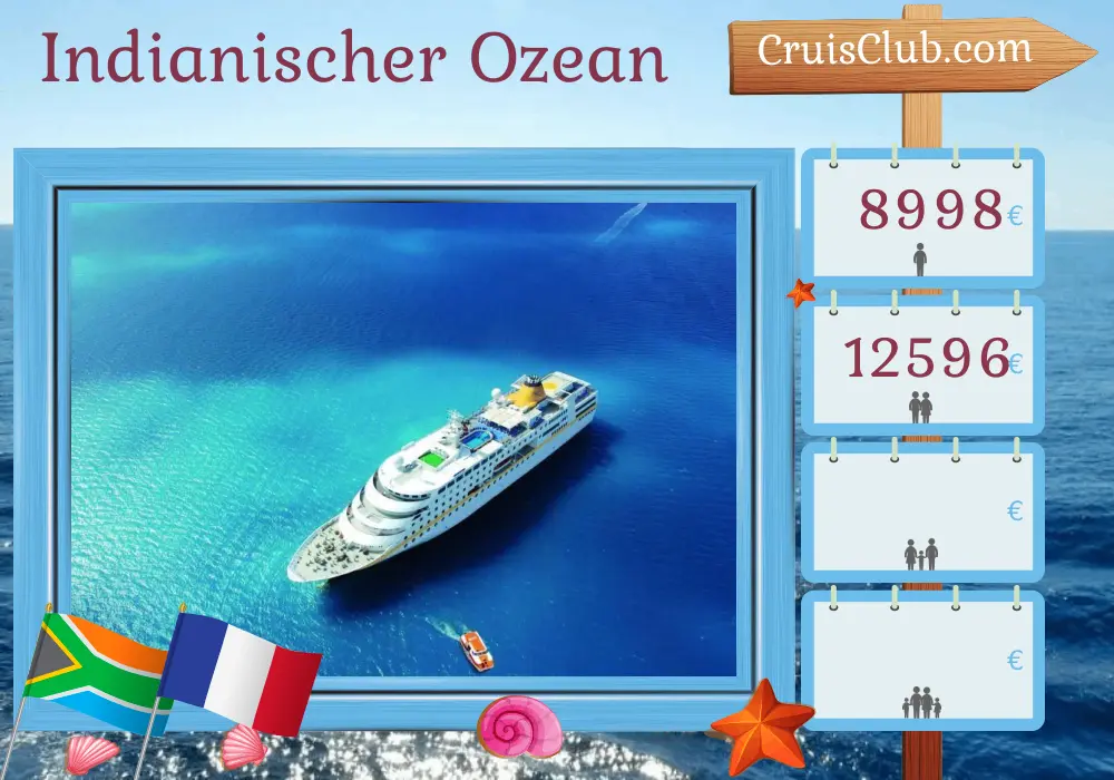 Kreuzfahrt im Indischen Ozean von Kapstadt nach Colombo an Bord des MS Hamburg-Schiffs mit Besuchen in Südafrika, Mosambik, Madagaskar, Frankreich, Mauritius, den Seychellen, den Malediven und Sri Lanka für 31 Tage