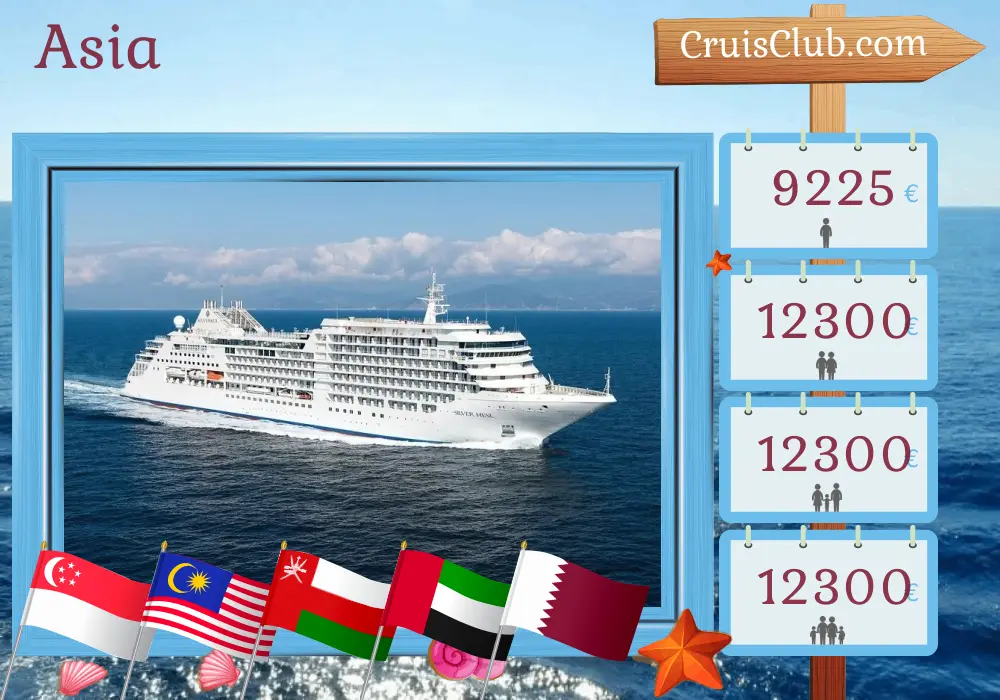 Crucero en Asia desde Singapur hasta Doha a bordo del barco Silver Muse con visitas a Singapur, Malasia, Sri Lanka, India, Omán, Emiratos Árabes Unidos y Catar durante 19 días