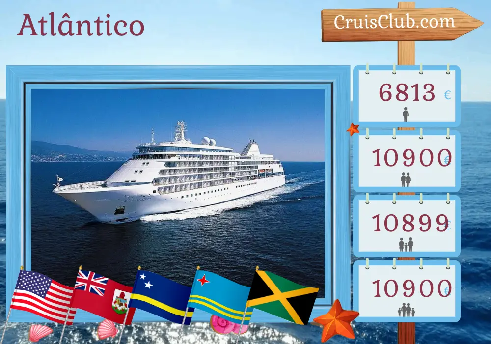 Cruzeiro no Atlântico de Nova York a Fort Lauderdale a bordo do navio Silver Shadow com visitas aos EUA, Bermudas, São Bartolomeu, Curaçao, Aruba e Jamaica por 16 dias