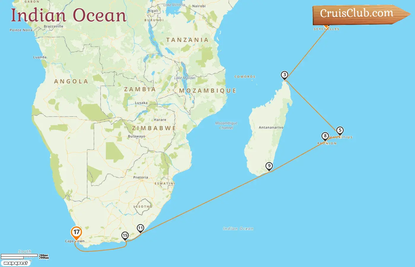 Indian Ocean Cruise aboard Silver Spirit: Mahé to Cape Town, with stops in Seychelles, Madagascar, Mauritius, France, and South Africa, lasting 17 days