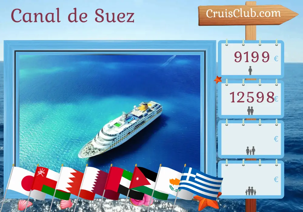 Crucero en el Canal de Suez desde Colombo a Estambul a bordo del barco MS Hamburg con visitas a Sri Lanka, Japón, India, Omán, Bahréin, Qatar, Emiratos Árabes Unidos, Arabia Saudita, Egipto, Jordania, Israel, Chipre, Grecia y Turquía durante 36 días