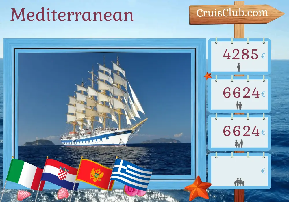 Mediterranean cruise from Venice to Civitavecchia aboard Royal Clipper ship with visits to Italy, Croatia, Montenegro, and Greece for 11 days