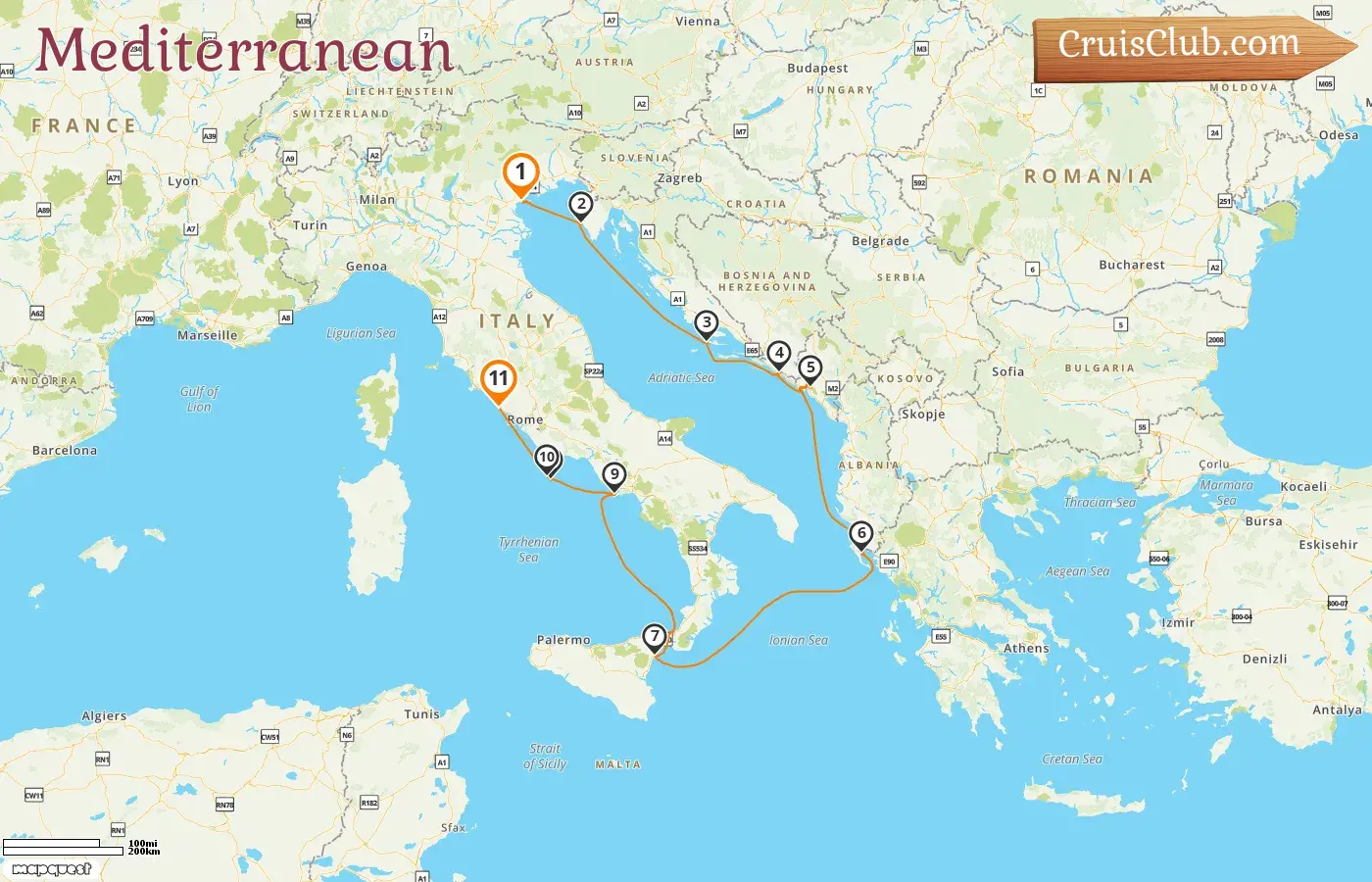 Mediterranean cruise from Venice to Civitavecchia aboard Royal Clipper ship with visits to Italy, Croatia, Montenegro, and Greece for 11 days