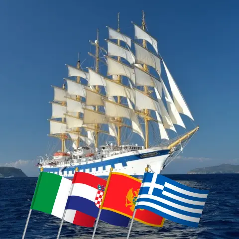 Mediterranean cruise from Venice to Civitavecchia aboard Royal Clipper ship with visits to Italy, Croatia, Montenegro, and Greece for 11 days