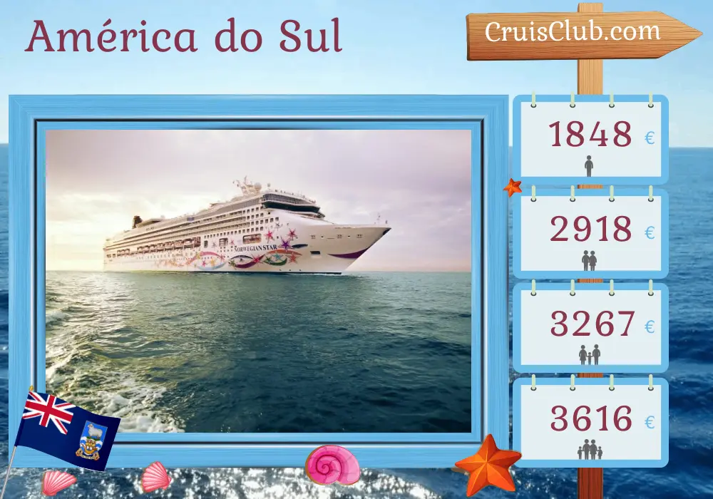 Cruzeiro na América do Sul de San Antonio para Buenos Aires a bordo do navio Norwegian Star, com visitas ao Chile, Argentina, Ilhas Malvinas e Uruguai por 15 dias