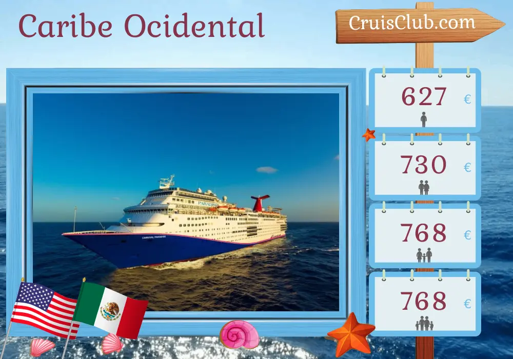 Cruzeiro no Caribe Ocidental partindo de Tampa a bordo do navio Carnival Paradise com visitas aos Estados Unidos, Ilhas Cayman e México por 6 dias