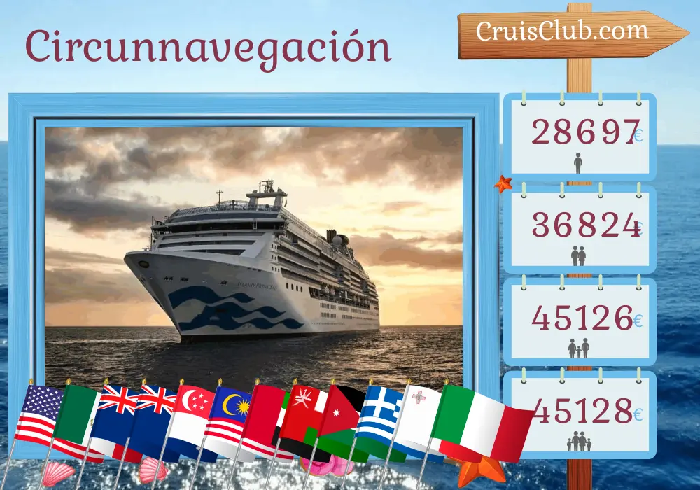 Cruce en el World Tour desde Fort Lauderdale a Civitavecchia a bordo del barco Island Princess con visitas a Estados Unidos, Colombia, Panamá, Costa Rica, México, Samoa, Nueva Zelanda, Australia, Indonesia, Singapur, Malasia, Sri Lanka, Emiratos Árabes Unidos, Omán, Jordania, Egipto, Israel, Turquía, Grecia, Malta e Italia durante 91 días