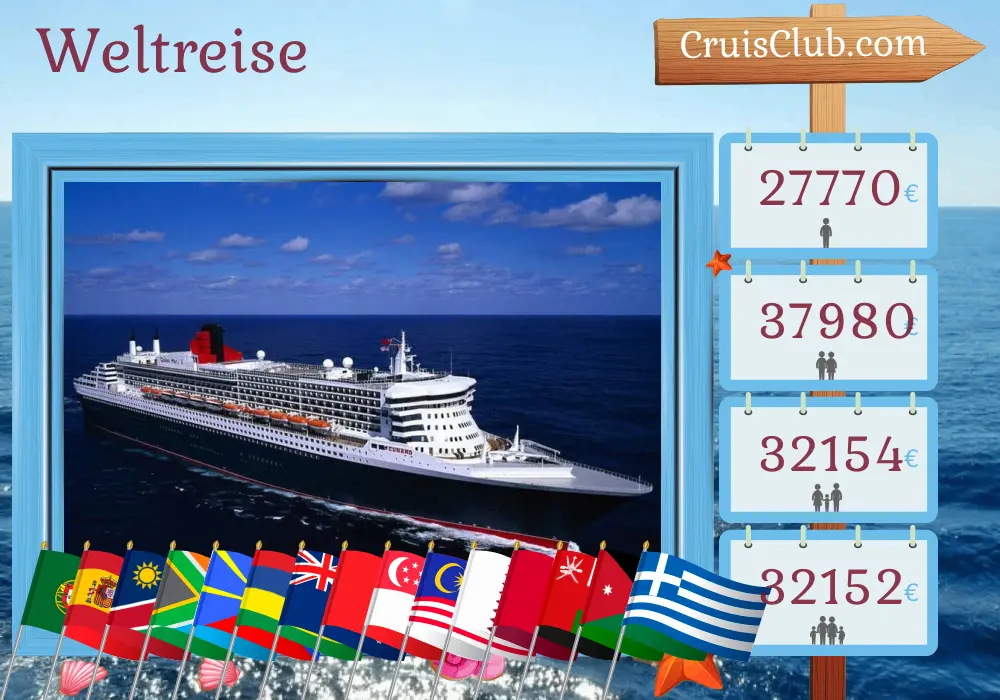 Kreuzfahrt auf der Welttournee ab Southampton an Bord des Schiffes Queen Mary 2 mit Besuchen in Portugal, Spanien, Namibia, Südafrika, Réunion, Mauritius, Australien, Indonesien, Hongkong, Vietnam, Singapur, Malaysia, Thailand, Sri Lanka, Katar, Vereinigte Arabische Emirate, Oman, Jordanien, Ägypten und Griechenland für 109 Tage