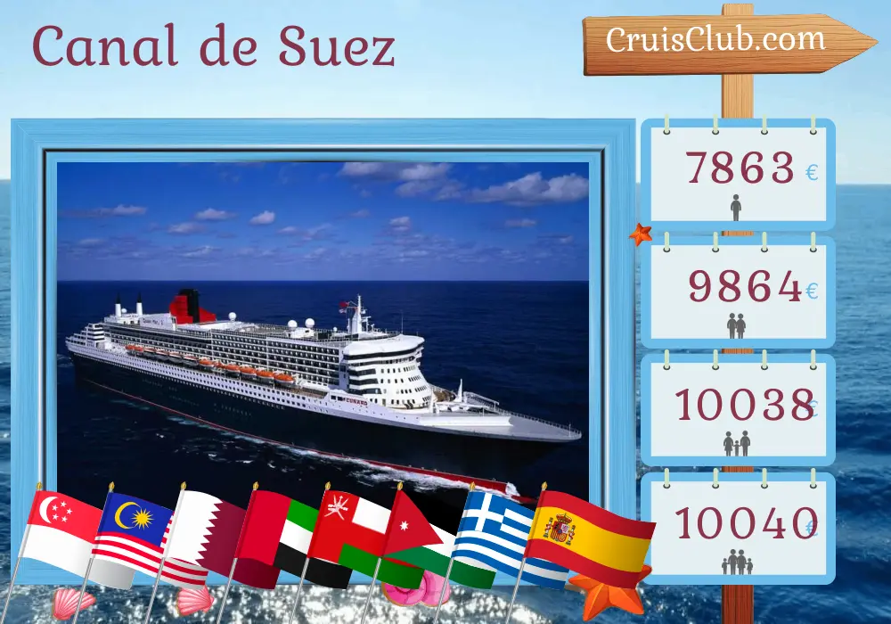 Cruce por el Canal de Suez desde Singapur a Southampton a bordo del barco Queen Mary 2 con visitas a Singapur, Malasia, Tailandia, Sri Lanka, Qatar, Emiratos Árabes Unidos, Omán, Jordania, Egipto, Grecia y España durante 37 días