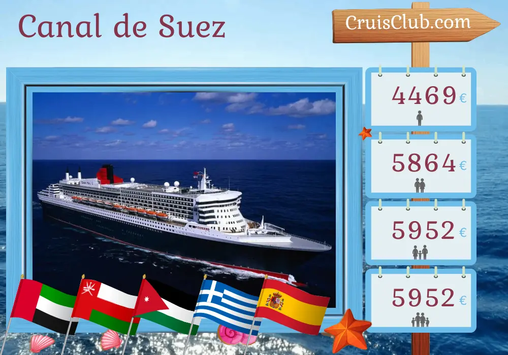 Croisière dans le canal de Suez de Dubaï à Southampton à bord du navire Queen Mary 2 avec des visites aux Émirats arabes unis, à Oman, en Jordanie, en Égypte, en Grèce et en Espagne pendant 22 jours