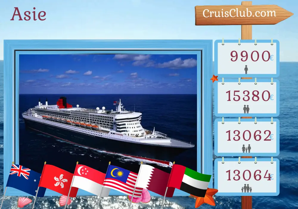 Croisière en Asie de Sydney à Dubaï à bord du navire Queen Mary 2 avec des visites en Australie, Indonésie, Hong Kong, Viet Nam, Singapour, Malaisie, Thaïlande, Sri Lanka, Qatar et Émirats arabes unis pendant 41 jours