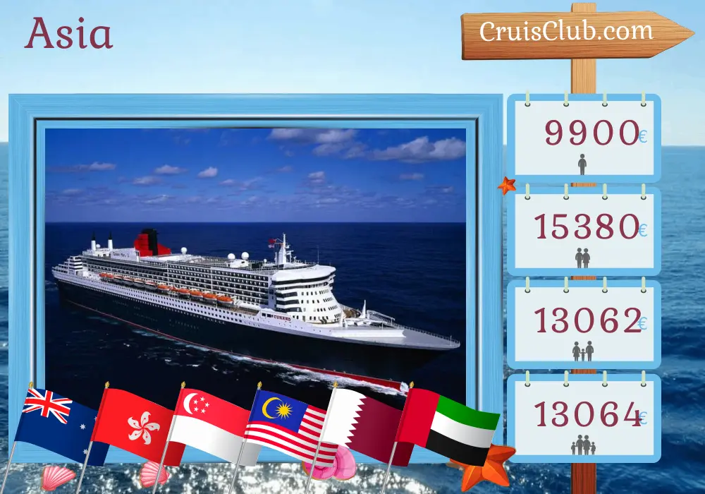 Crucero en Asia desde Sydney a Dubái a bordo del barco Queen Mary 2 con visitas a Australia, Indonesia, Hong Kong, Vietnam, Singapur, Malasia, Tailandia, Sri Lanka, Qatar y Emiratos Árabes Unidos durante 41 días