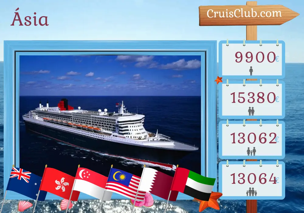 Cruzeiro na Ásia de Sydney a Dubai a bordo do navio Queen Mary 2 com visitas à Austrália, Indonésia, Hong Kong, Vietnã, Singapura, Malásia, Tailândia, Sri Lanka, Catar e Emirados Árabes Unidos por 41 dias