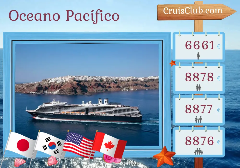 Cruzeiro no Oceano Pacífico de Yokohama a Seattle a bordo do navio Westerdam com visitas ao Japão, Coreia do Sul, EUA e Canadá por 31 dias