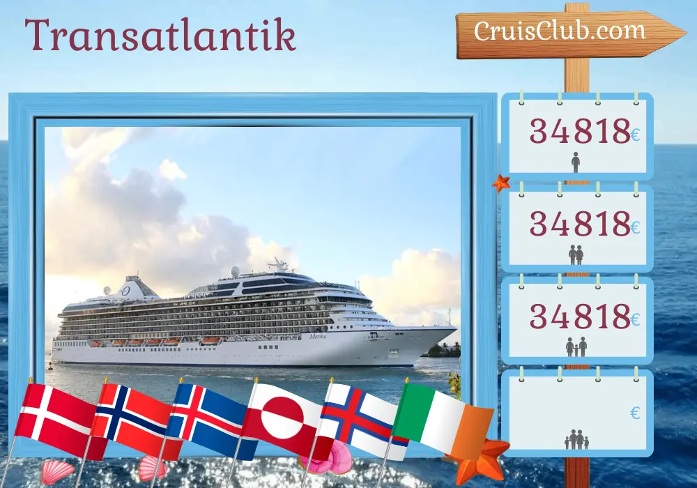 Transatlantik-Kreuzfahrt von Kopenhagen nach Southampton an Bord des Schiffes Marina mit Besuchen in Dänemark, Norwegen, Island, Grönland, den Färöer-Inseln und Irland für 35 Tage