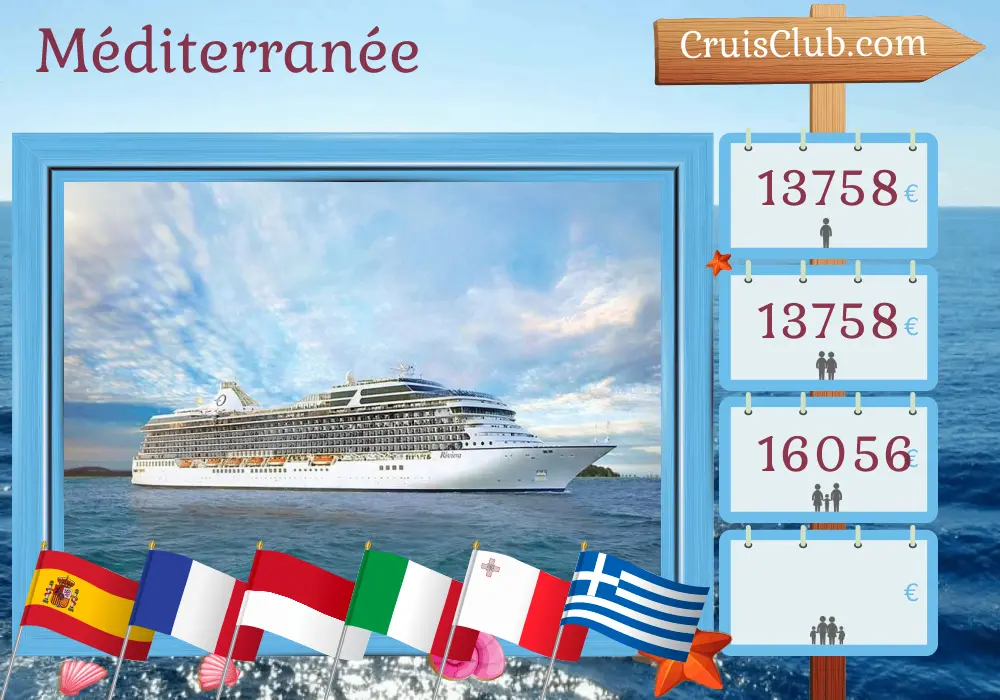 Croisière en Méditerranée de Barcelone à Civitavecchia à bord du navire Riviera avec des visites en Espagne, en France, à Monaco, en Italie, à Malte, en Grèce et en Turquie pendant 23 jours