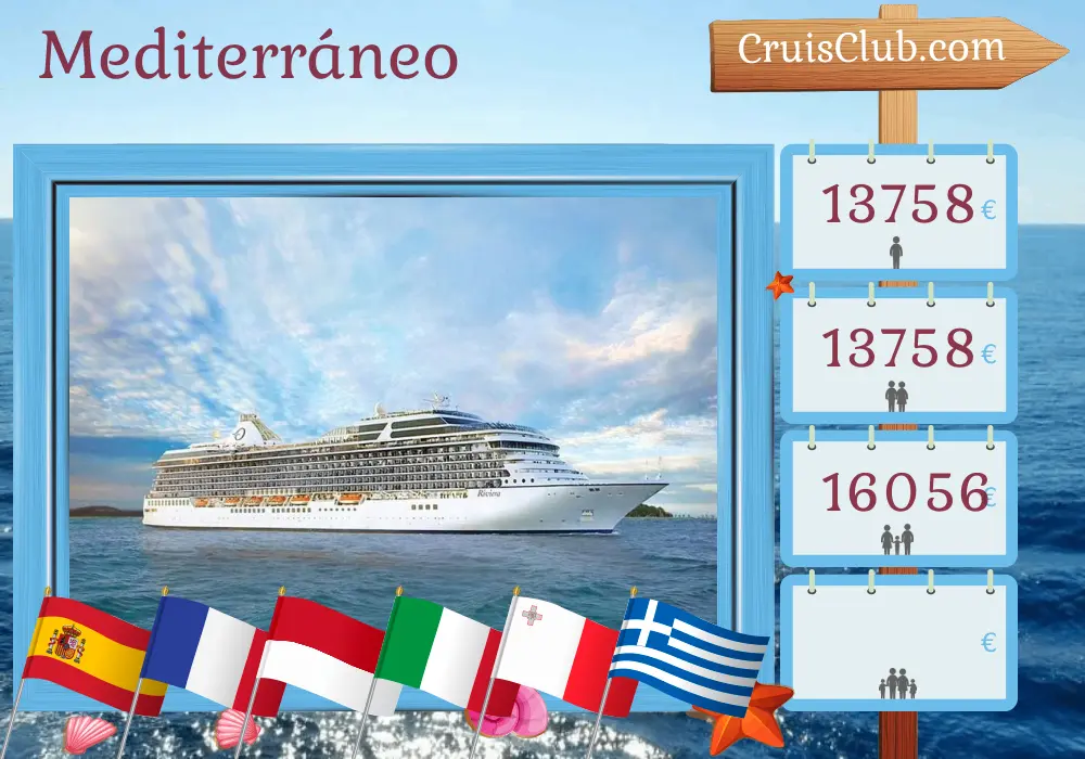 Crucero por el Mediterráneo desde Barcelona a Civitavecchia a bordo del barco Riviera con visitas a España, Francia, Mónaco, Italia, Malta, Grecia y Turquía durante 23 días