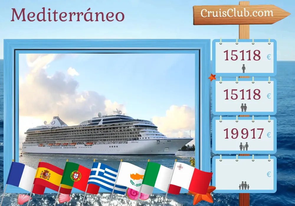 Crucero por el Mediterráneo desde Southampton a Valletta a bordo del barco Marina con visitas a Francia, España, Portugal, Grecia, Chipre, Israel, Turquía, Italia y Malta durante 25 días