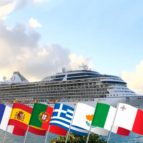 Cruzeiro no Mediterrâneo de Southampton a Valletta a bordo do navio Marina com visitas à França, Espanha, Portugal, Grécia, Chipre, Israel, Turquia, Itália e Malta por 25 dias