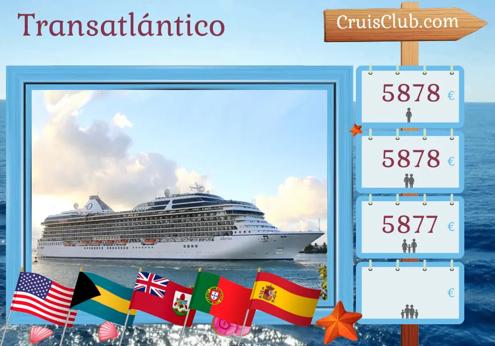 Crucero en el Transatlántico de Miami a Barcelona a bordo del barco Marina con visitas a Estados Unidos, Bahamas, Bermudas, Portugal y España durante 15 días