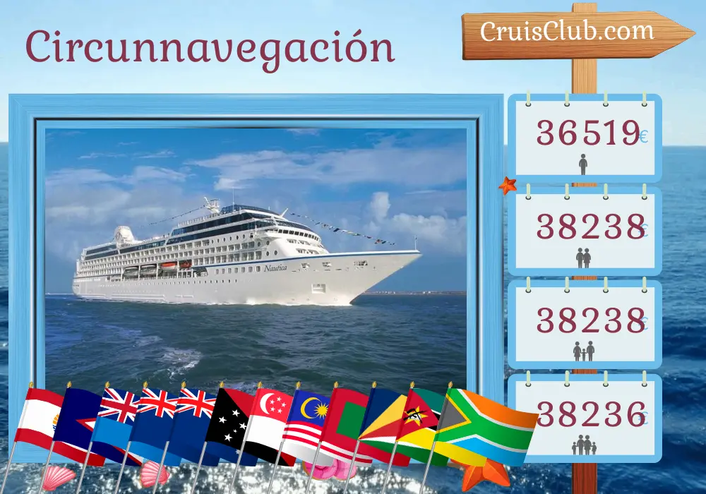 Crucero en el recorrido por el mundo desde Papeete hasta Ciudad del Cabo a bordo del barco Nautica con visitas a la Polinesia Francesa, Samoa, Fiji, Nueva Zelanda, Australia, Papúa Nueva Guinea, Indonesia, Singapur, Malasia, Tailandia, Sri Lanka, India, Maldivas, Seychelles, Mayotte, Mozambique y Sudáfrica durante 70 días