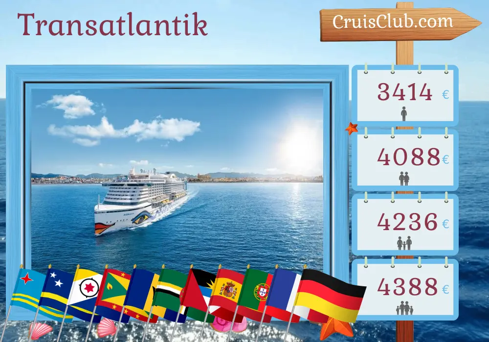 Transatlantik-Kreuzfahrt von La Romana nach Hamburg an Bord des Schiffes AIDAperla mit Besuchen in der Dominikanischen Republik, Aruba, Curaçao, Grenada, Barbados, Dominica, Spanien, Portugal, Frankreich und Deutschland für 27 Tage