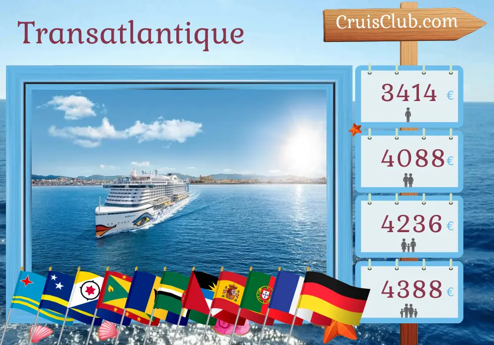 Croisière transatlantique de La Romana à Hambourg à bord du navire AIDAperla avec des visites en République dominicaine, à Aruba, Curaçao, Grenade, la Barbade, la Dominique, l`Espagne, le Portugal, la France et l`Allemagne pendant 27 jours