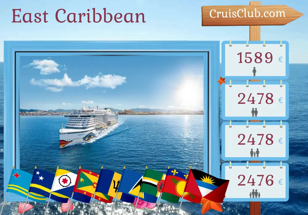 Cruise in the East Caribbean on the AIDAperla ship with visits to Dominican Republic, Aruba, Curaçao, Grenada, Barbados, Saint Vincent and the Grenadines, Saint Lucia, Dominica, and Guadeloupe for 15 days