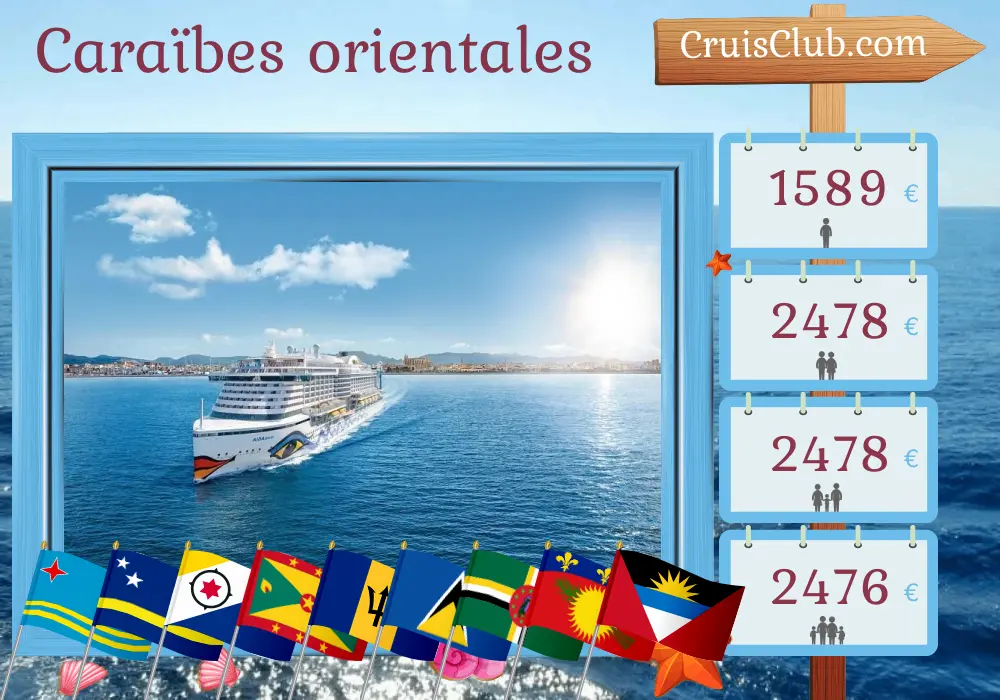 Croisière dans les Caraïbes de l`Est au départ de La Romana à bord du navire AIDAperla avec escales en République dominicaine, à Aruba, Curaçao, Grenade, la Barbade, Saint-Vincent-et-les Grenadines, Sainte-Lucie, la Dominique et la Guadeloupe pendant 15 jours