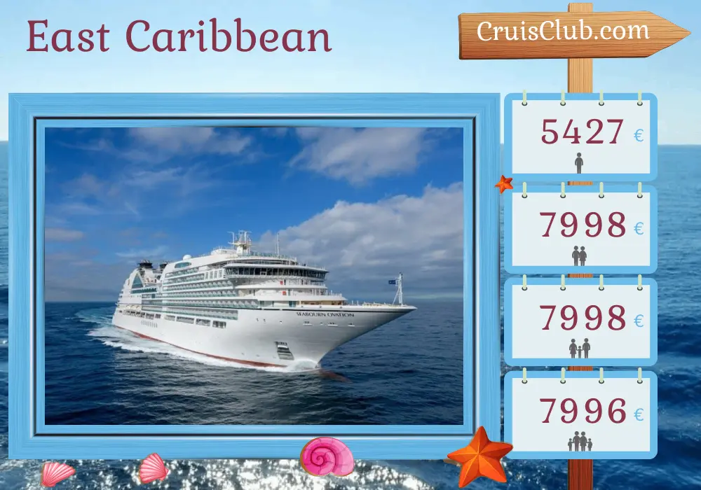 Cruise in the East Caribbean from Bridgetown aboard Seabourn Ovation ship with visits to Barbados, Saint Vincent and the Grenadines, Guadeloupe, Saint Martin, Saint Kitts and Nevis, Aruba, Curaçao, and Grenada for 11 days