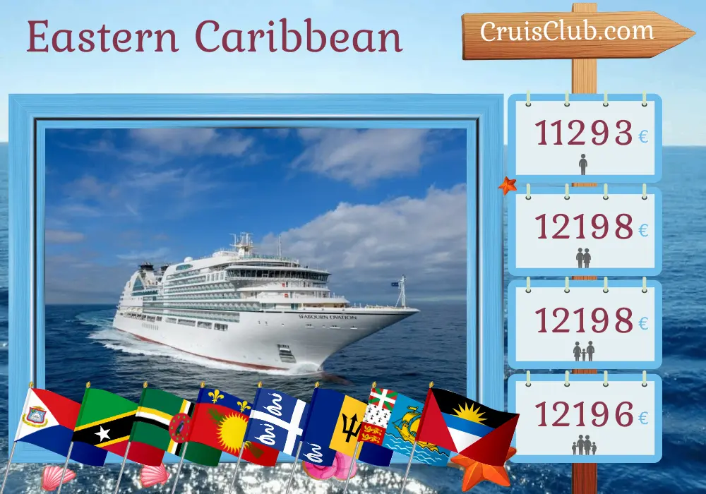 Kreuzfahrt in der östlichen Karibik ab St. Martin an Bord des Schiffes Seabourn Ovation mit Besuchen der Britischen Jungferninseln, St. Kitts und Nevis, Dominica, Guadeloupe, Martinique, Barbados, St. Vincent und den Grenadinen sowie St. Pierre und Miquelon für 15 Tage