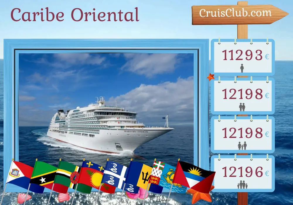 Crucero en el Caribe Oriental desde St. Martin a bordo del barco Seabourn Ovation con visitas a las Islas Vírgenes Británicas, San Cristóbal y Nieves, Dominica, Guadalupe, Martinica, Barbados, San Vicente y las Granadinas, y San Pedro y Miquelón durante 15 días