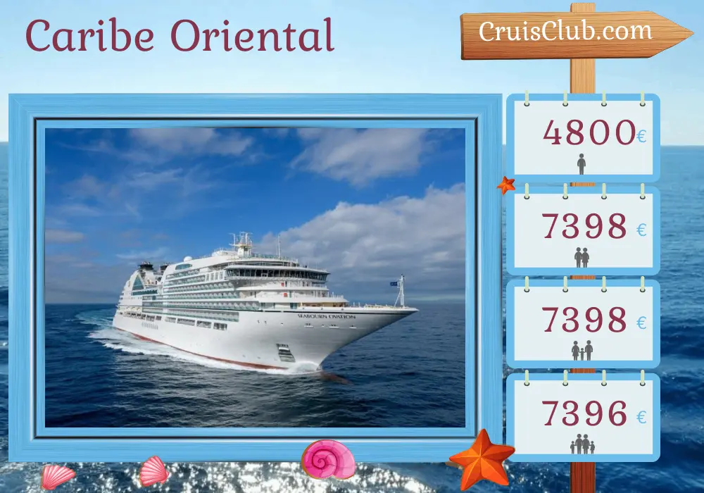 Cruzeiro no Mar do Caribe Oriental saindo de Bridgetown a bordo do navio Seabourn Ovation com visitas a Barbados, São Vicente e Granadinas, Martinica, São Cristóvão e Neves, Guadalupe e Dominica por 8 dias