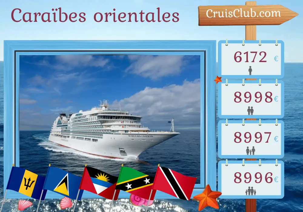 Croisière dans les Caraïbes de l`Est au départ de Bridgetown à bord du navire Seabourn Ovation avec des visites à la Barbade, Sainte-Lucie, Saint-Christophe-et-Niévès, Saint-Martin et Trinité-et-Tobago pendant 8 jours