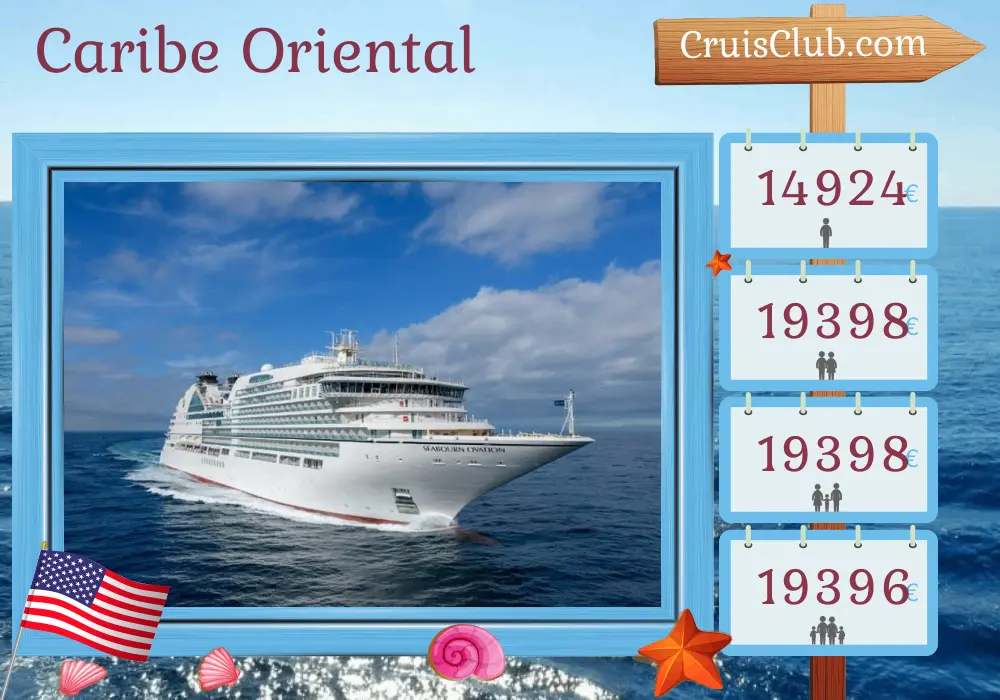 Crucero por el Caribe Oriental desde Bridgetown a Miami a bordo del barco Seabourn Ovation con visitas a Barbados, San Vicente y las Granadinas, Martinica, San Cristóbal y Nieves, Guadalupe, Dominica, Santa Lucía, Granada, Trinidad y Tobago, Curazao, Aruba, República Dominicana, Jamaica y Estados Unidos durante 22 días