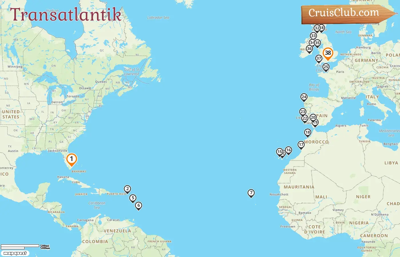 Kreuzfahrt über den Atlantik von Miami nach Southampton an Bord des Schiffs Sirena mit Besuchen in den USA, Dominica, Barbados, Spanien, Marokko, Gibraltar, Portugal, Frankreich und Irland für 38 Tage