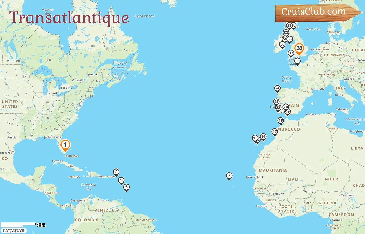 Croisière Transatlantique de Miami à Southampton à bord du navire Sirena avec visites aux États-Unis, en Dominique, à la Barbade, en Espagne, au Maroc, à Gibraltar, au Portugal, en France et en Irlande pendant 38 jours