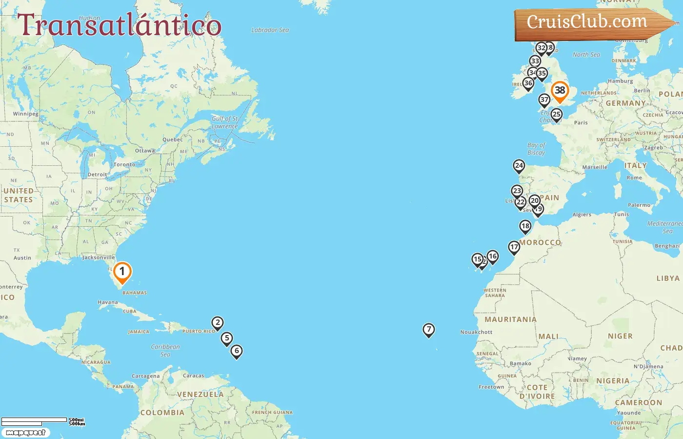 Crucero en el Atlántico desde Miami a Southampton a bordo del barco Sirena con visitas a EE. UU., Dominica, Barbados, España, Marruecos, Gibraltar, Portugal, Francia e Irlanda durante 38 días