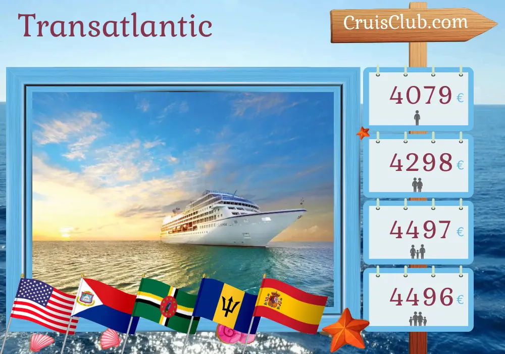 Transatlantic Cruise onboard the Sirena from Miami to Santa Cruz de Tenerife with stops in the USA, Dominica, Barbados, and Spain for 15 days