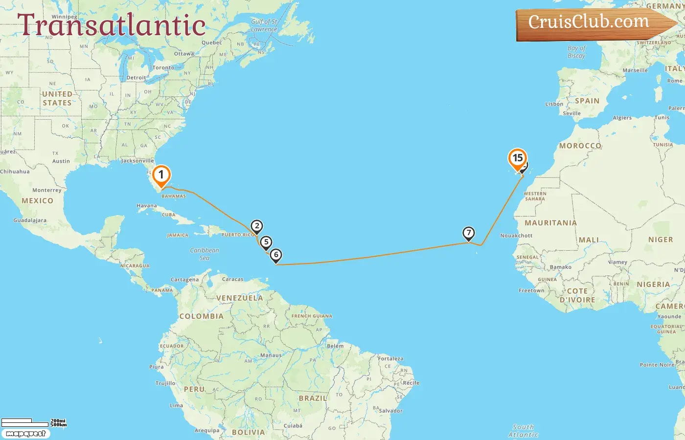 Transatlantic Cruise onboard the Sirena from Miami to Santa Cruz de Tenerife with stops in the USA, Dominica, Barbados, and Spain for 15 days