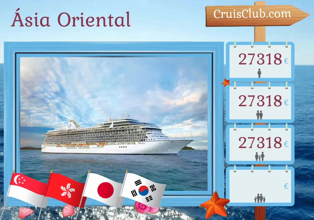 Cruzeiro no leste da Ásia de Laem Chabang para Yokohama a bordo do navio Riviera com visitas à Tailândia, Singapura, Vietnã, Hong Kong, Taiwan, Japão, China e Coreia do Sul por 38 dias