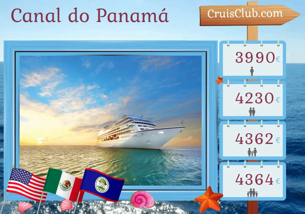 Cruzeiro no Canal do Panamá de Miami a Cidade do Panamá a bordo do navio Sirena com visitas aos EUA, México, Belize, Guatemala, Honduras, Costa Rica e Panamá por 11 dias