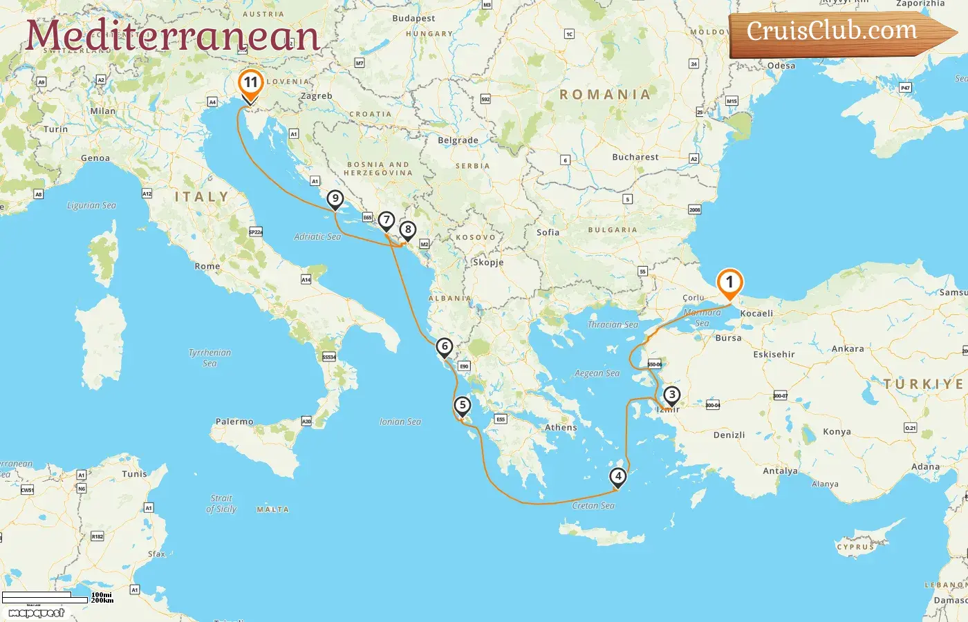 Mediterranean Cruise from Istanbul to Trieste aboard Vista ship with visits to Turkey, Greece, Croatia, Montenegro, Slovenia, and Italy for 11 days