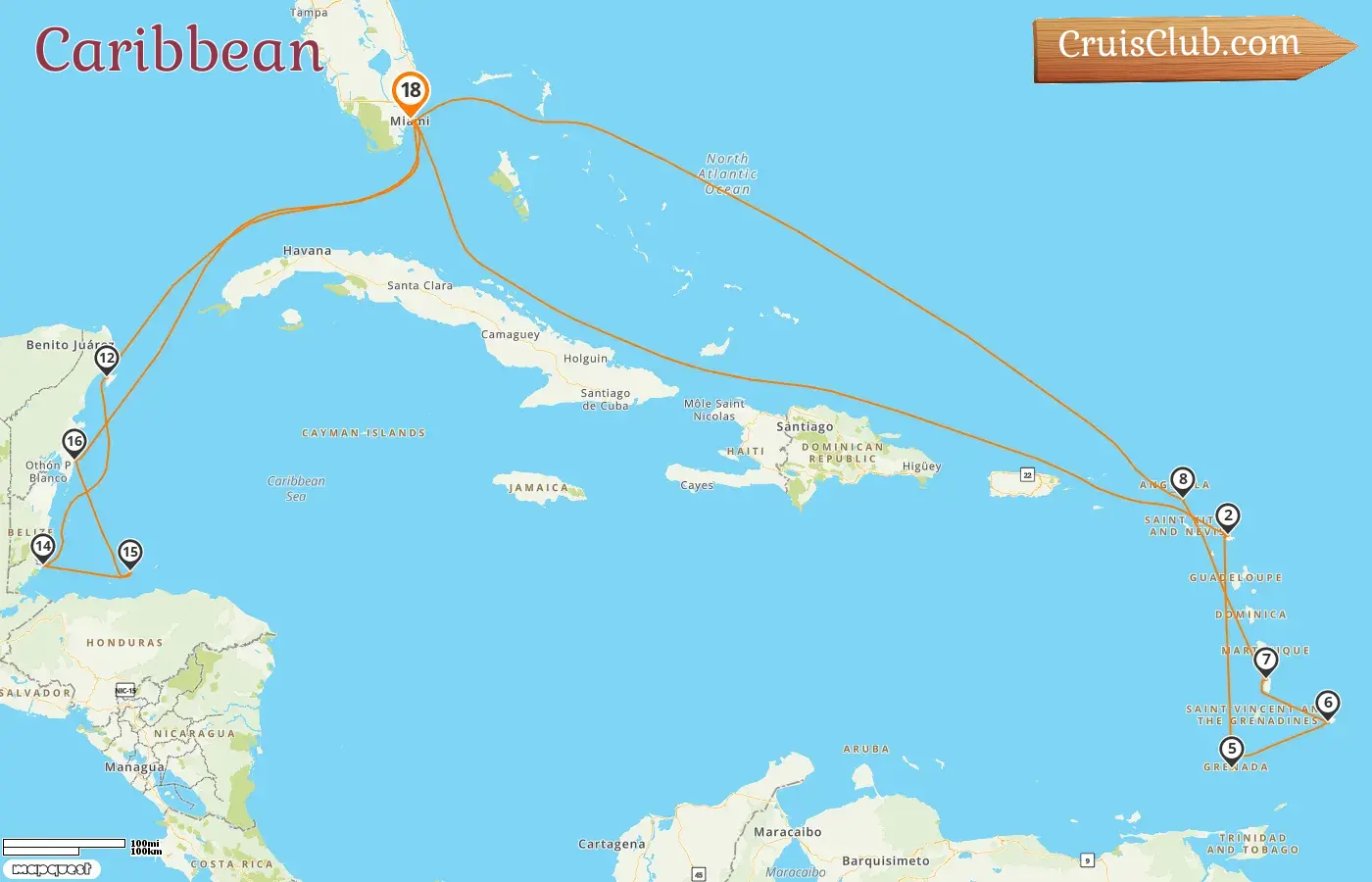 Caribbean Cruise from Miami aboard Vista ship with visits to USA, Grenada, Barbados, Saint Lucia, Saint Barthélemy, Mexico, Belize, and Honduras for 18 days