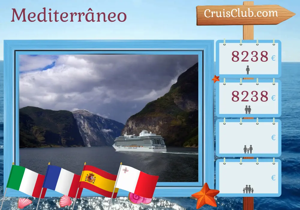 Cruzeiro no Mediterrâneo de Civitavecchia para Valletta a bordo do navio Vista com visitas à Itália, França, Espanha e Malta por 11 dias