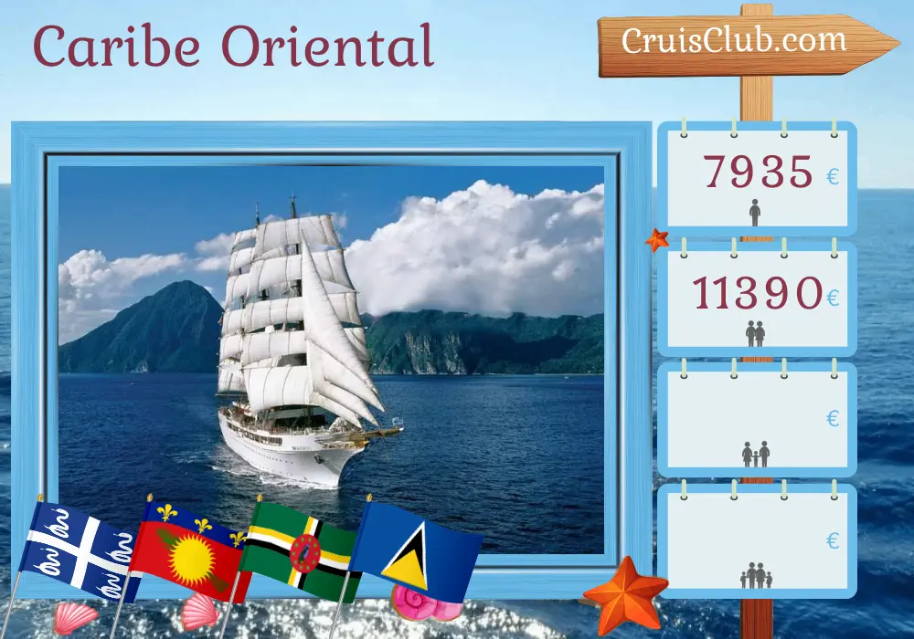 Crucero por el este del Caribe desde Fort-de-France a bordo del barco Sea Cloud II con visitas a Martinica, San Bartolomé, Islas Vírgenes Británicas, Guadalupe, Dominica, San Vicente y las Granadinas, y Santa Lucía durante 12 días