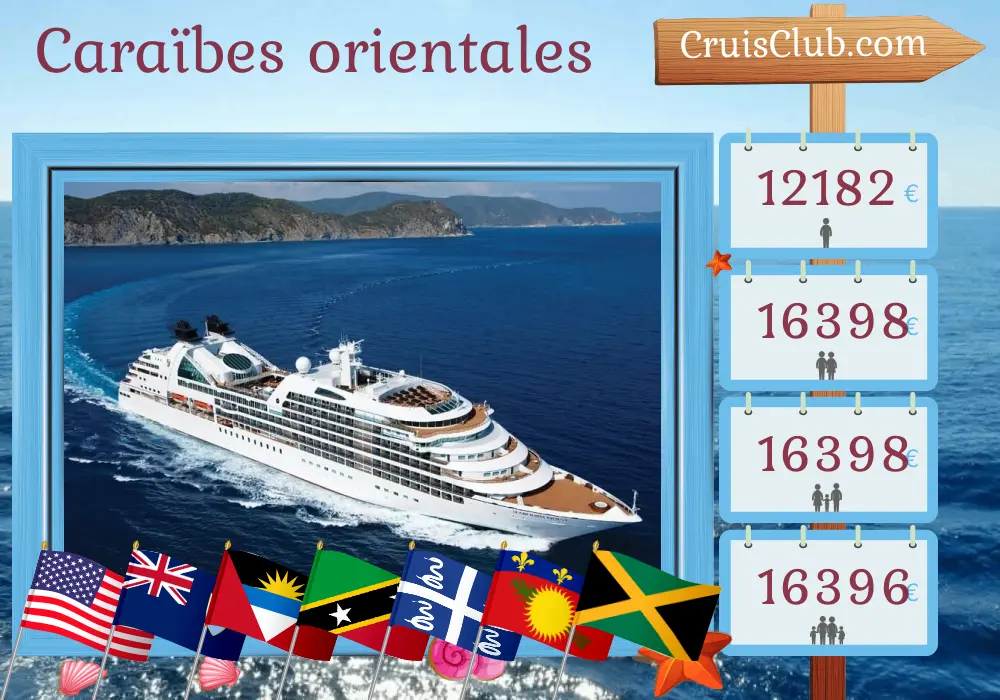 Croisière dans les Caraïbes de l`Est au départ de Miami à bord du navire Seabourn Quest avec escales aux États-Unis, à Saint-Christophe-et-Niévès, en Martinique, en Guadeloupe, en République dominicaine et en Jamaïque pendant 17 jours